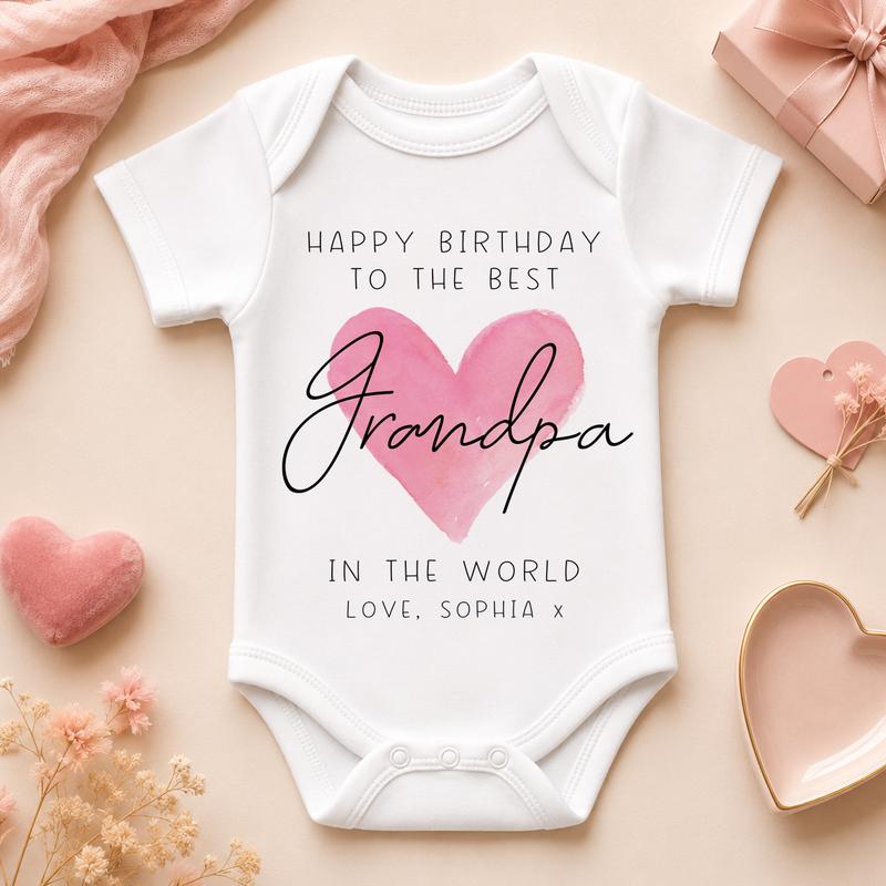 Happy Birthday to the Best Grandpa in the World pink heart baby vest bodysuit