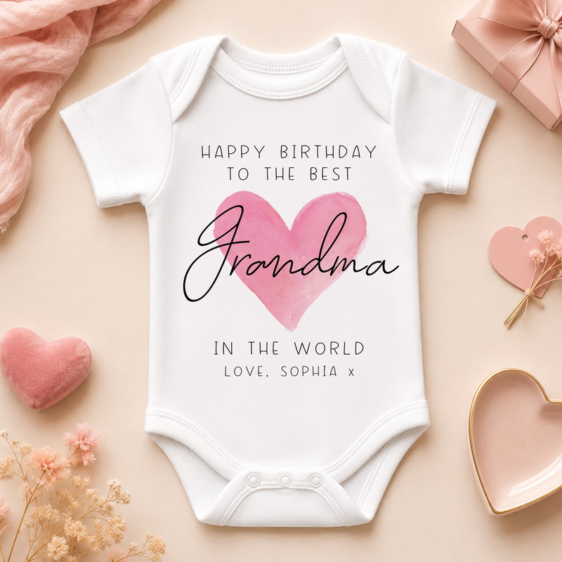 Happy Birthday to the Best Grandma in the World pink heart baby vest bodysuit