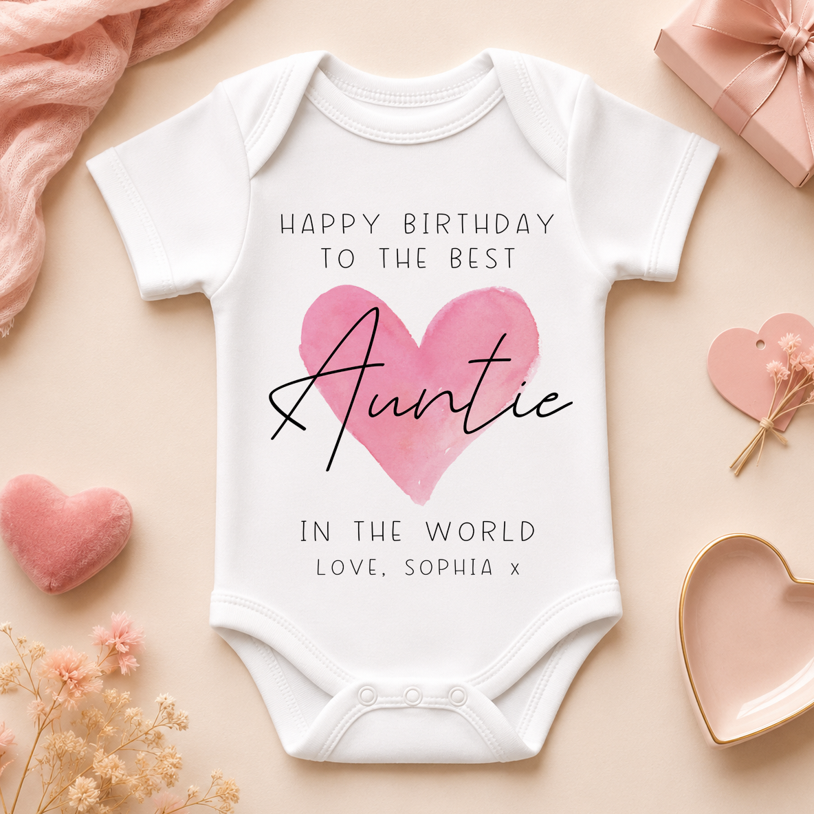 Happy Birthday to the Best Auntie in the World pink heart baby vest bodysuit