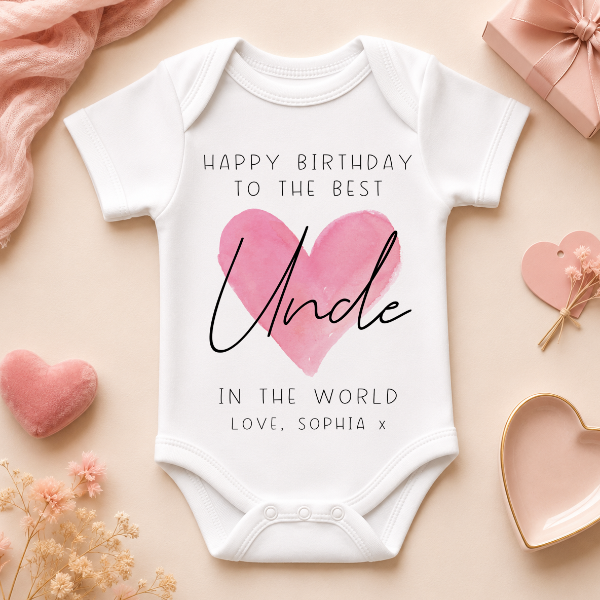 Happy Birthday to the Best Uncle in the World pink heart baby vest bodysuit