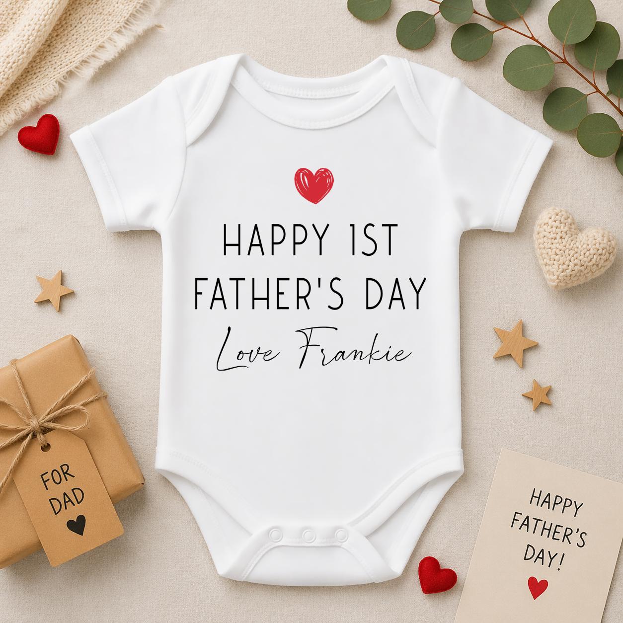 Personalised Name Baby Bodysuit Happy 1st Father's Day Red Heart Script Lettering Printed for Newborn Gift