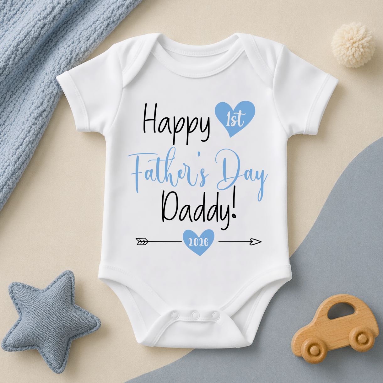 Happy 1st Father's Day Baby Bodysuit Blue Heart Script Lettering Arrow Arrows for Newborn Gift