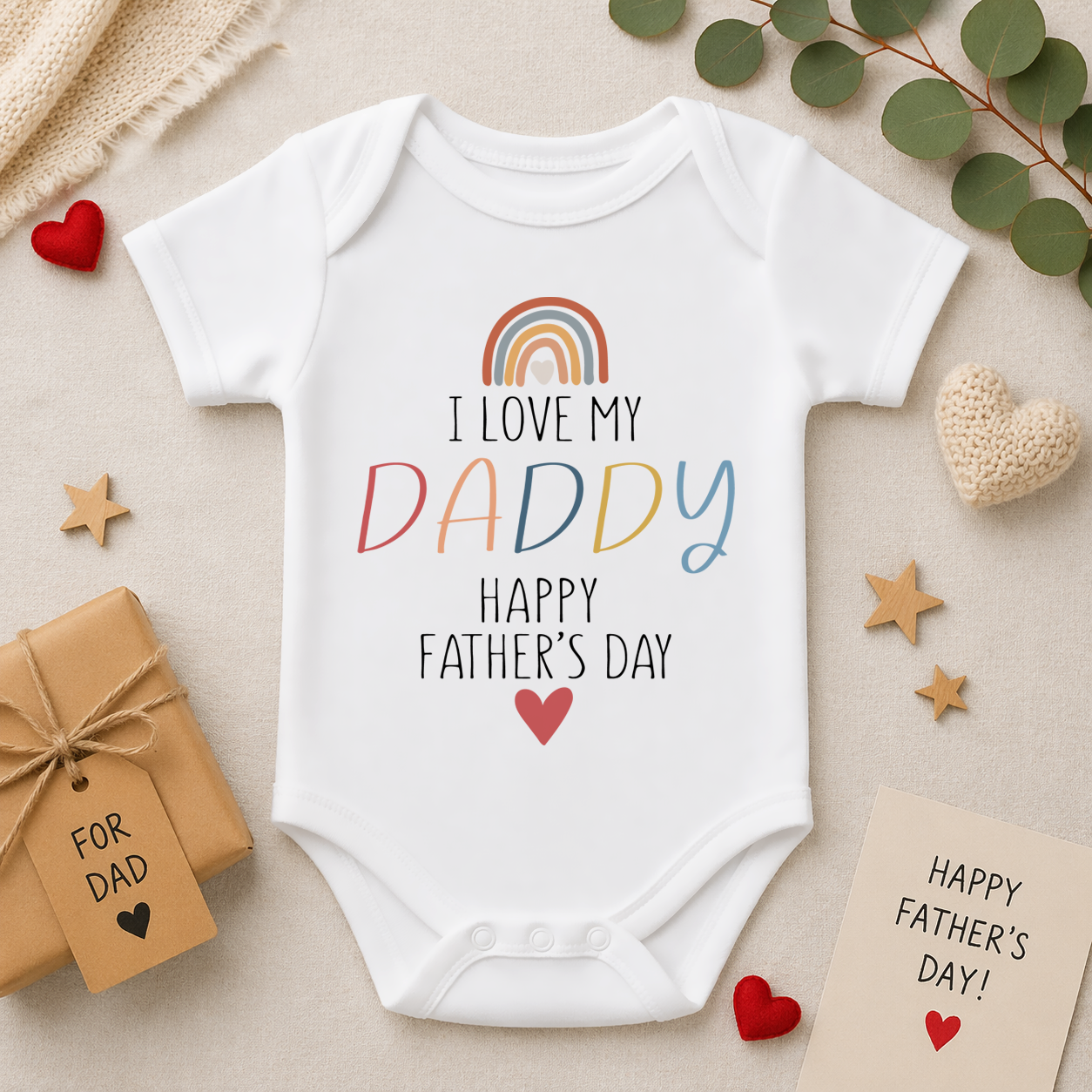 I Love My Daddy Baby Bodysuit Happy Father's Day Rainbow Heart Script Lettering for Newborn Gift