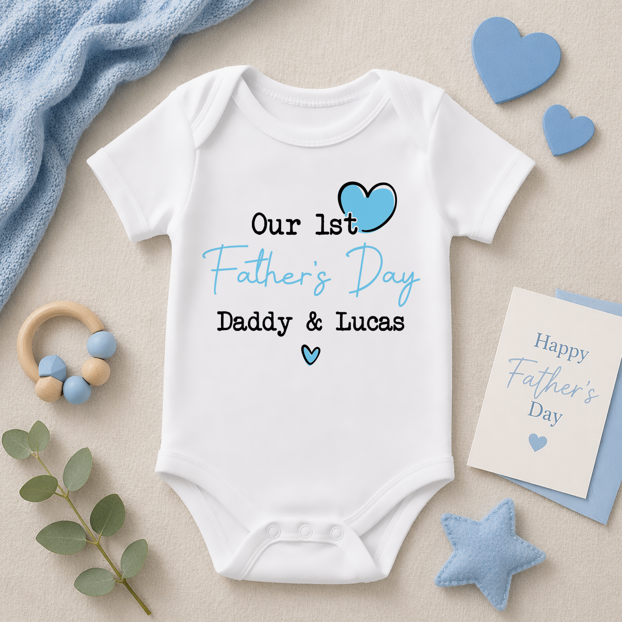 Personalised Our 1st Father's Day Blue Outline Heart Baby Bodysuit for Boys