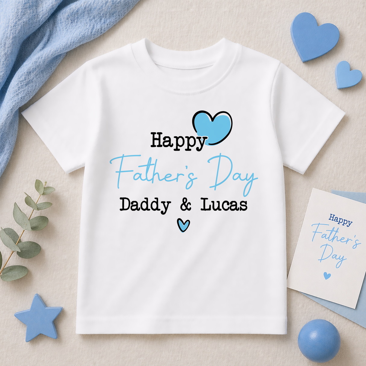 Personalised Father's Day Blue Script Hearts T-Shirt for Boys & Kids