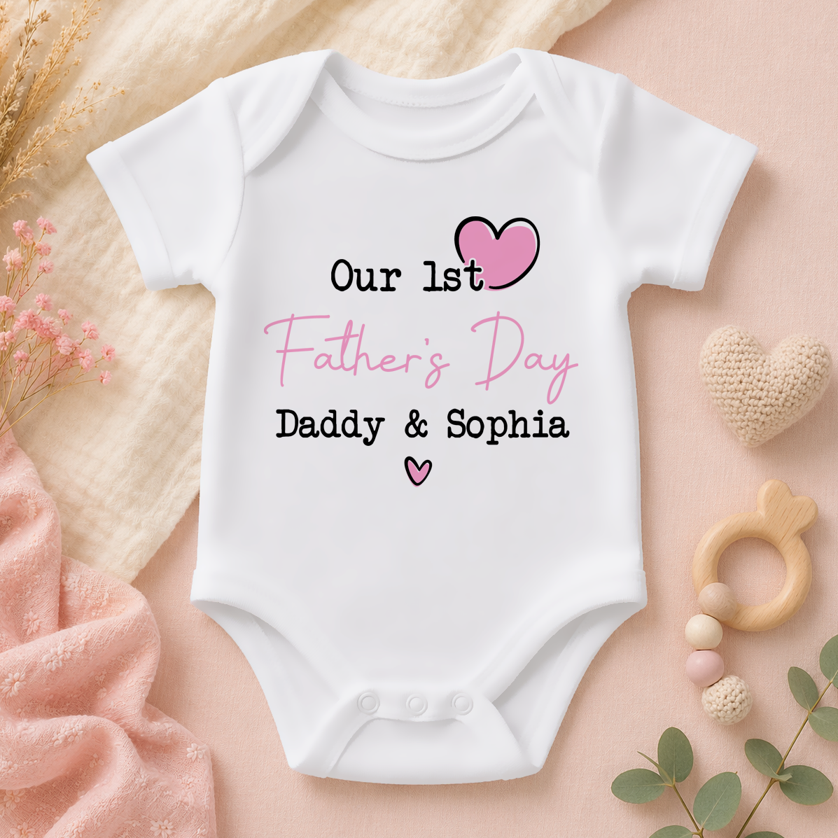 Personalised First Father's Day Baby Bodysuit for Girls | Sweet Pink Heart Design