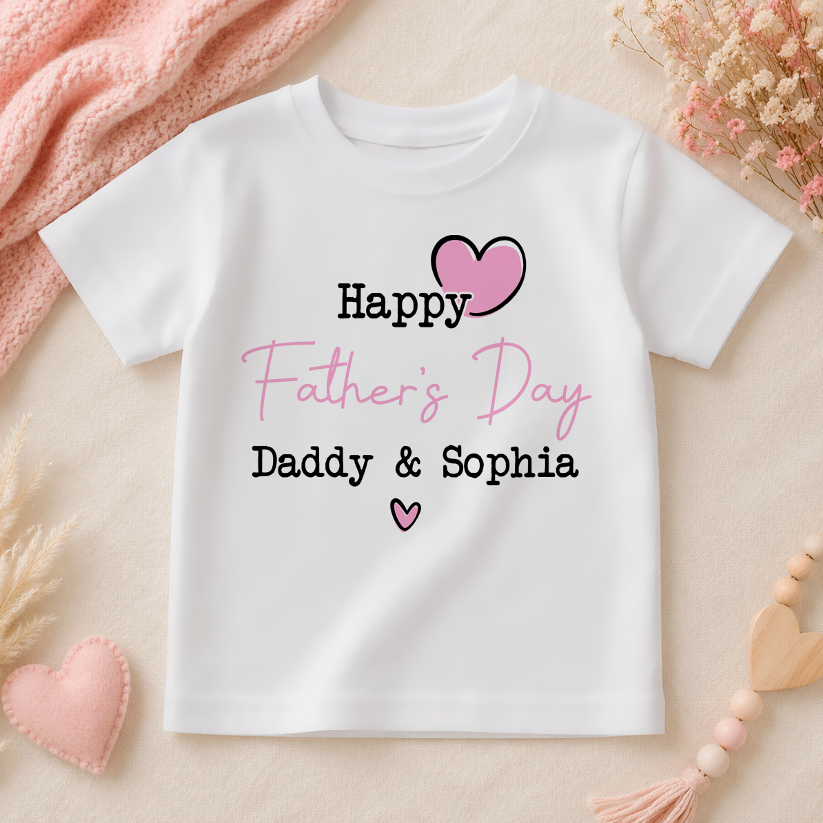 Personalised Father's Day Pink Heart Text T-Shirt for Girls & Kids