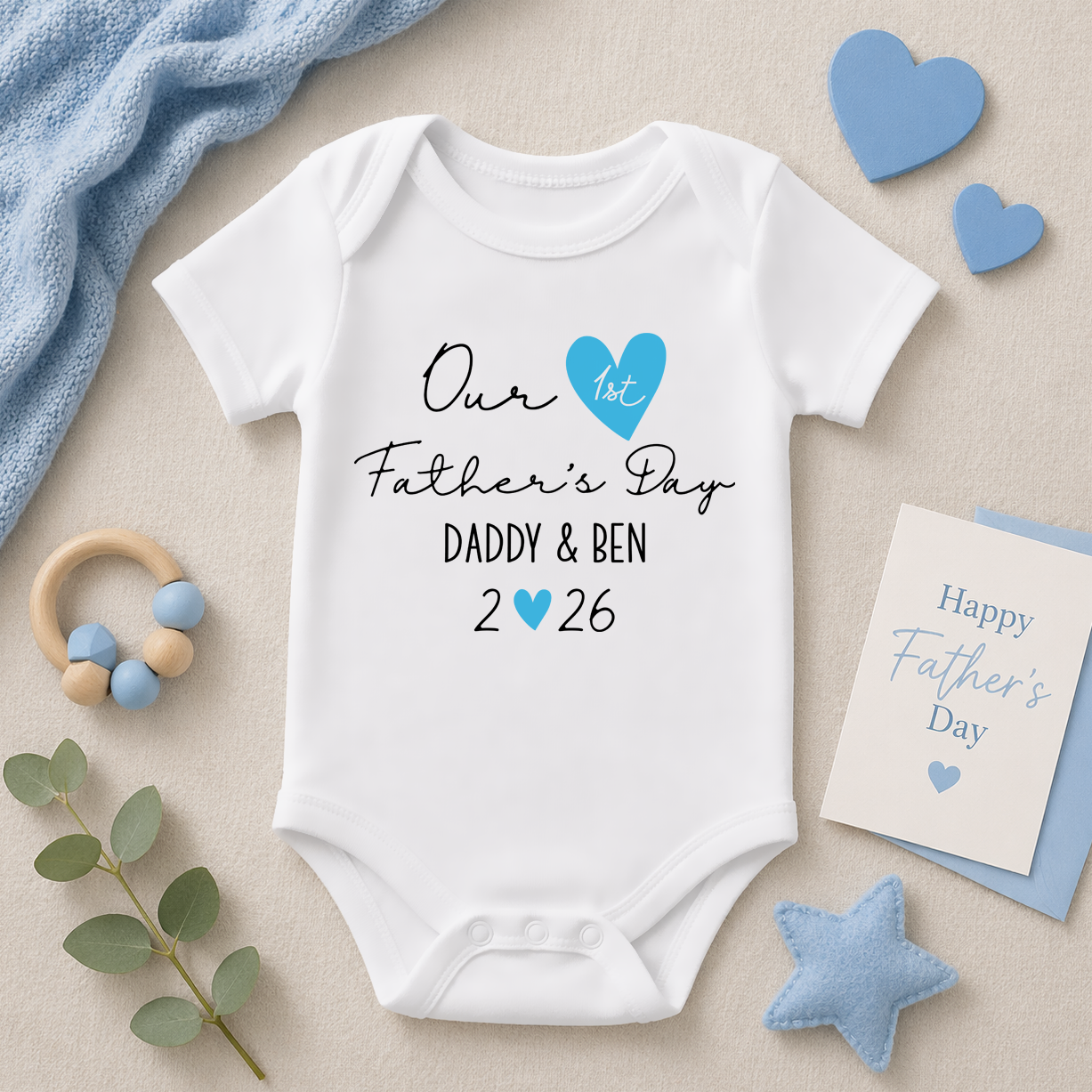 Personalised Our 1st Father's Day Blue Solid Heart Baby Bodysuit for Boys