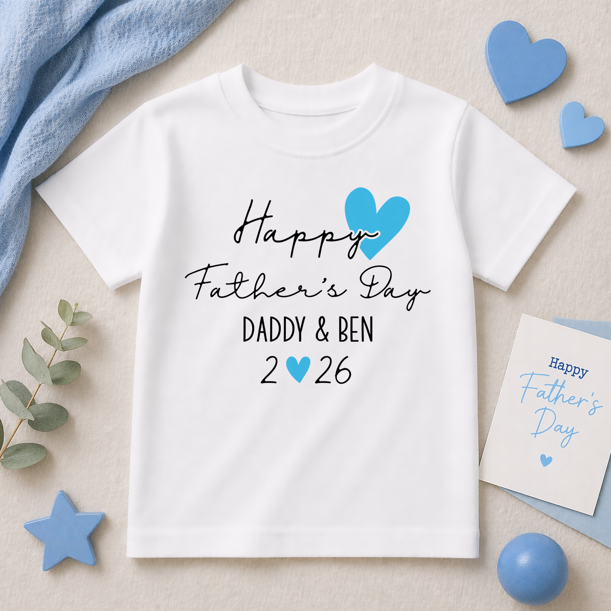 Personalised Father's Day Blue Heart Script T-Shirt for Boys & Kids