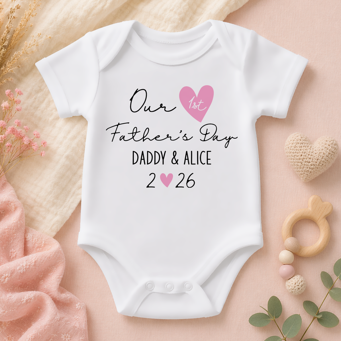 Personalised 1st Father's Day Pink Heart Baby Bodysuit for Girls