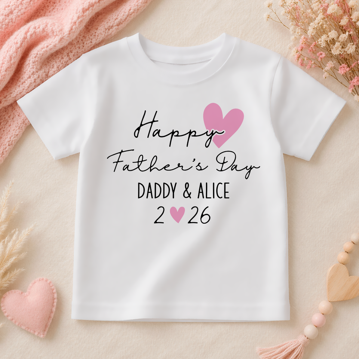 Personalised Name Girls T-Shirt Happy Father's Day Pink Heart Script Lettering for Kids Gift