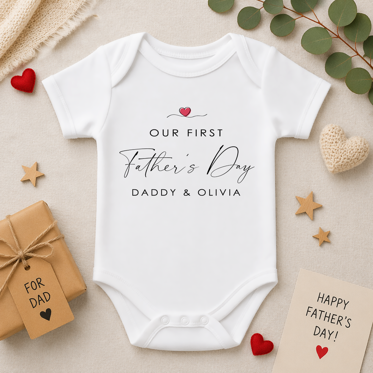 Personalised First Father's Day Minimalist Script Red Heart Baby Bodysuit