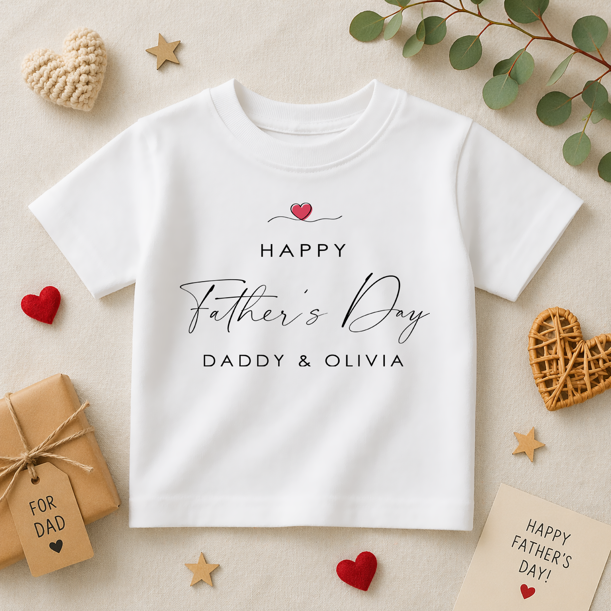Personalised Father's Day Red Heart Script Text T-Shirt for Kids