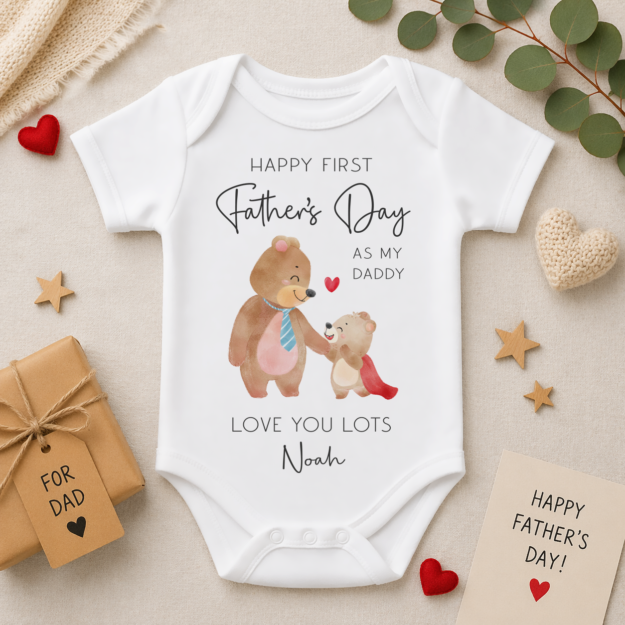 Personalised First Father's Day Daddy Bear & Superhero Bear Baby Bodysuit
