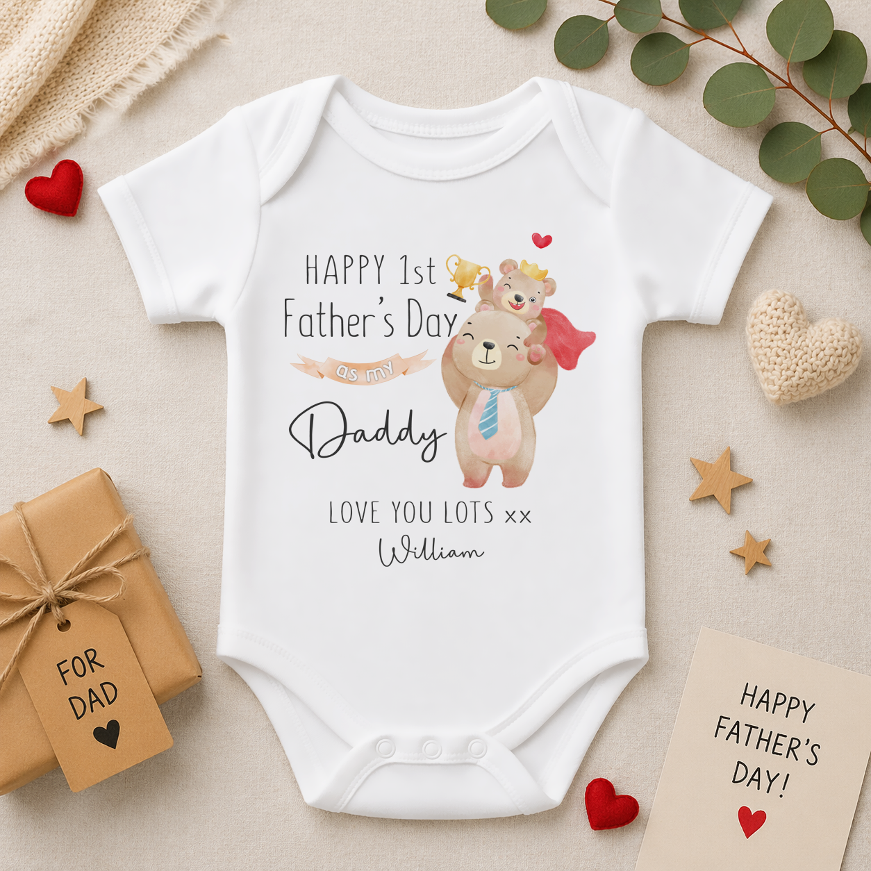 Personalised Baby 1st Father's Day Superhero Bear & Cub Baby Bodysuit for Boys