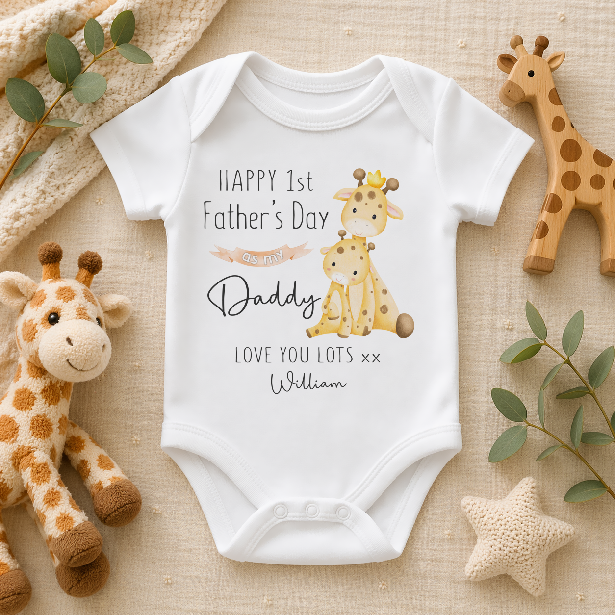 Personalised Name Baby Bodysuit 1st Father's Day Crowned Giraffe Gold Crown Love You Lots for Newborn Gift