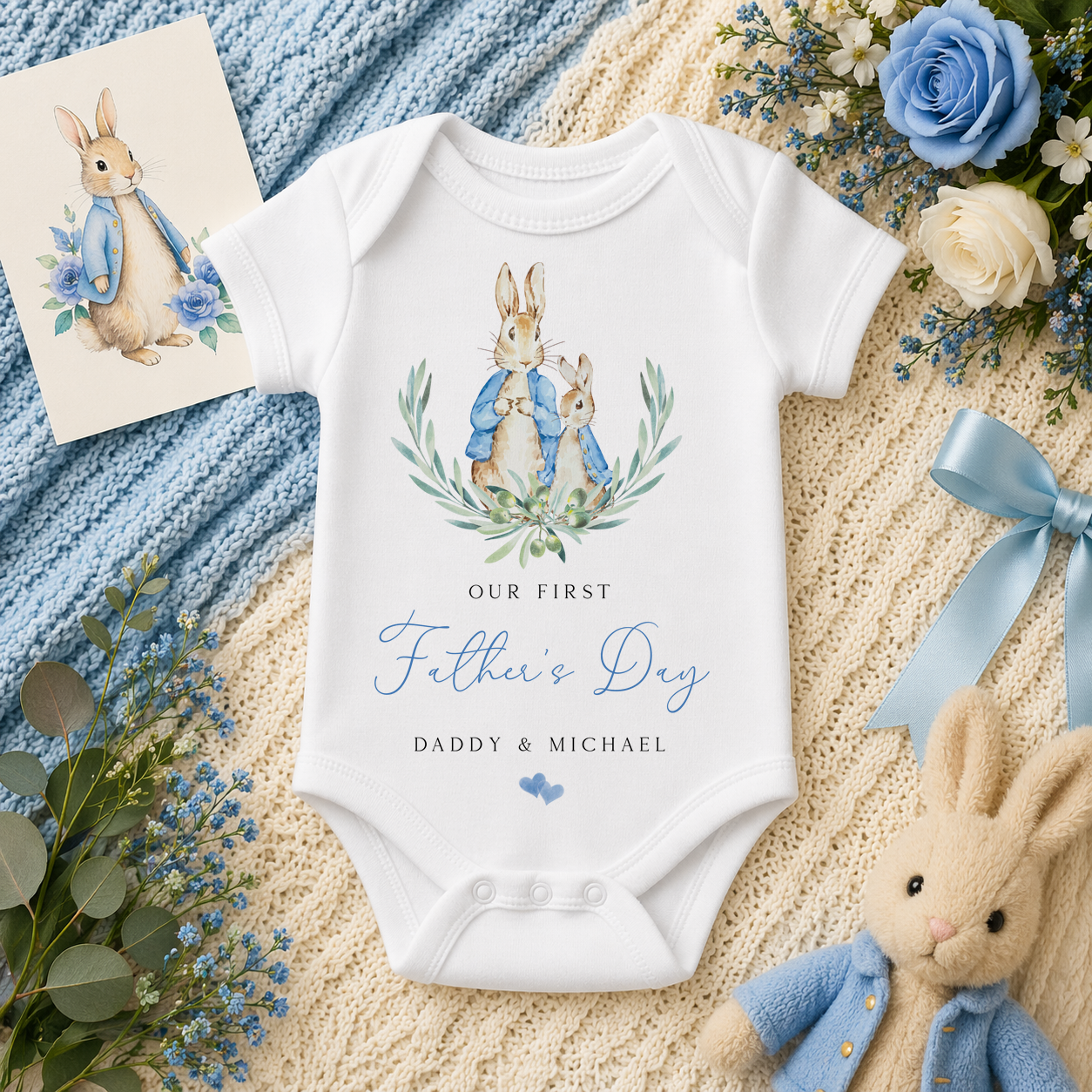 Personalised 1st Father's Day Blue Peter Rabbit Wreath Baby Bodysuit for Boys
