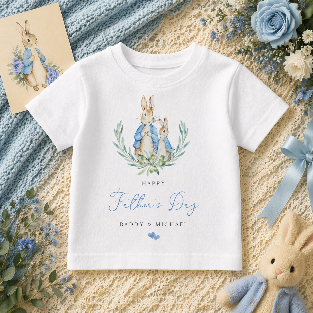 Personalised Father's Day Peter Rabbit & Wreath T-Shirt for Kids