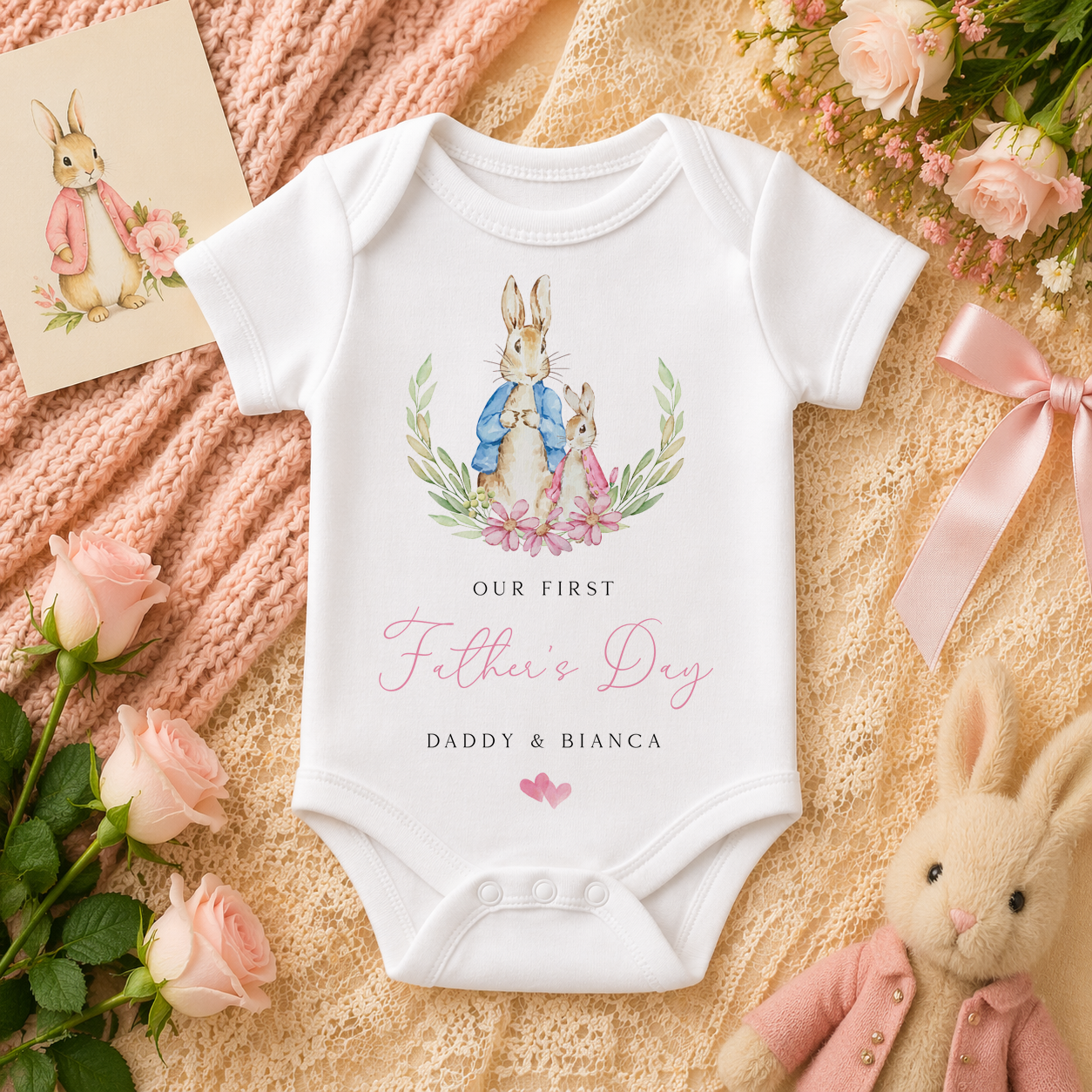 Personalised Name Baby Bodysuit 1st Father's Day Peter Rabbit Pink Floral Wreath Hearts Script for Newborn Gift