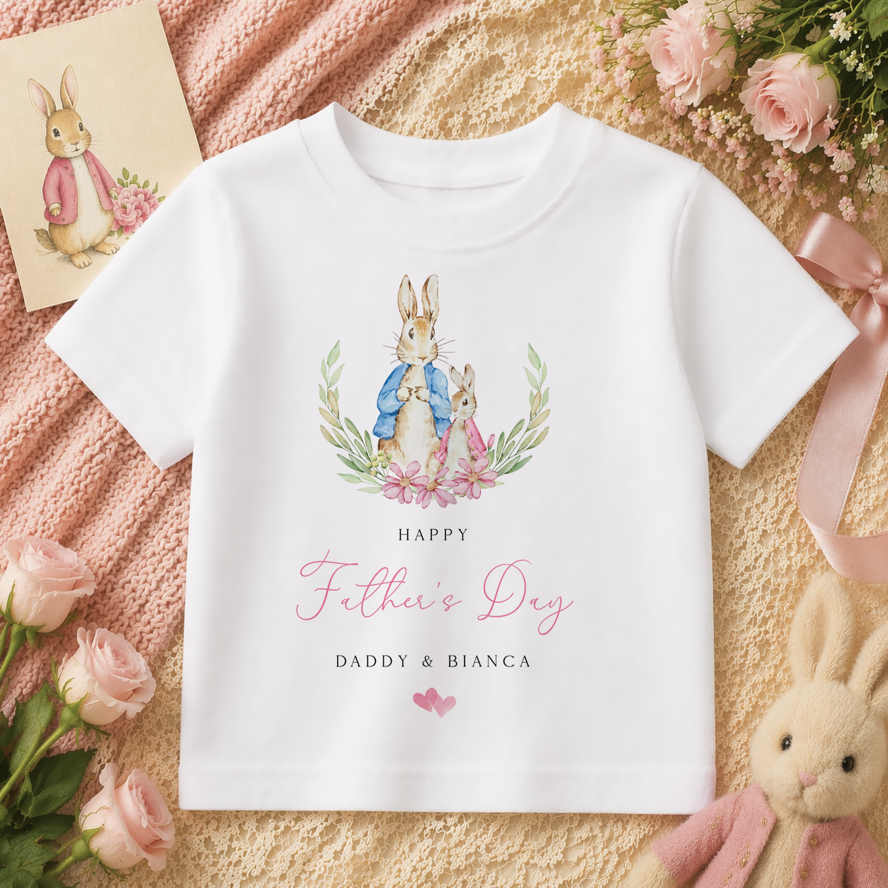 Personalised Name Girls T-Shirt Happy Father's Day Peter Rabbit Pink Floral Wreath