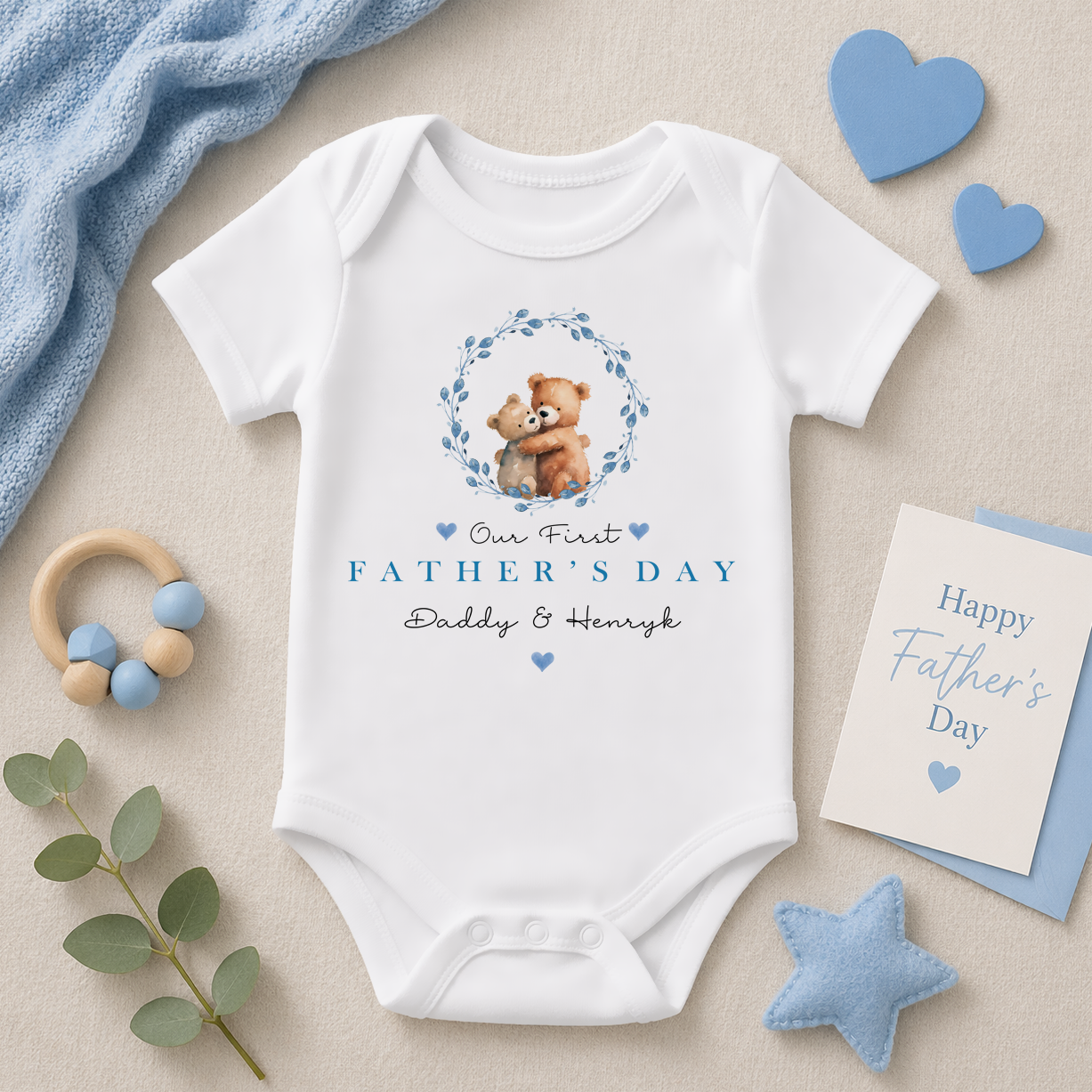 Personalised Father's Day Blue Wreath Hugging Bears Baby Bodysuit