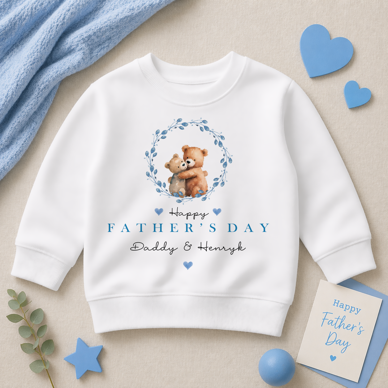 Personalised Father's Day Hugging Bears Blue Wreath Sweatshirt for Boys & Kids