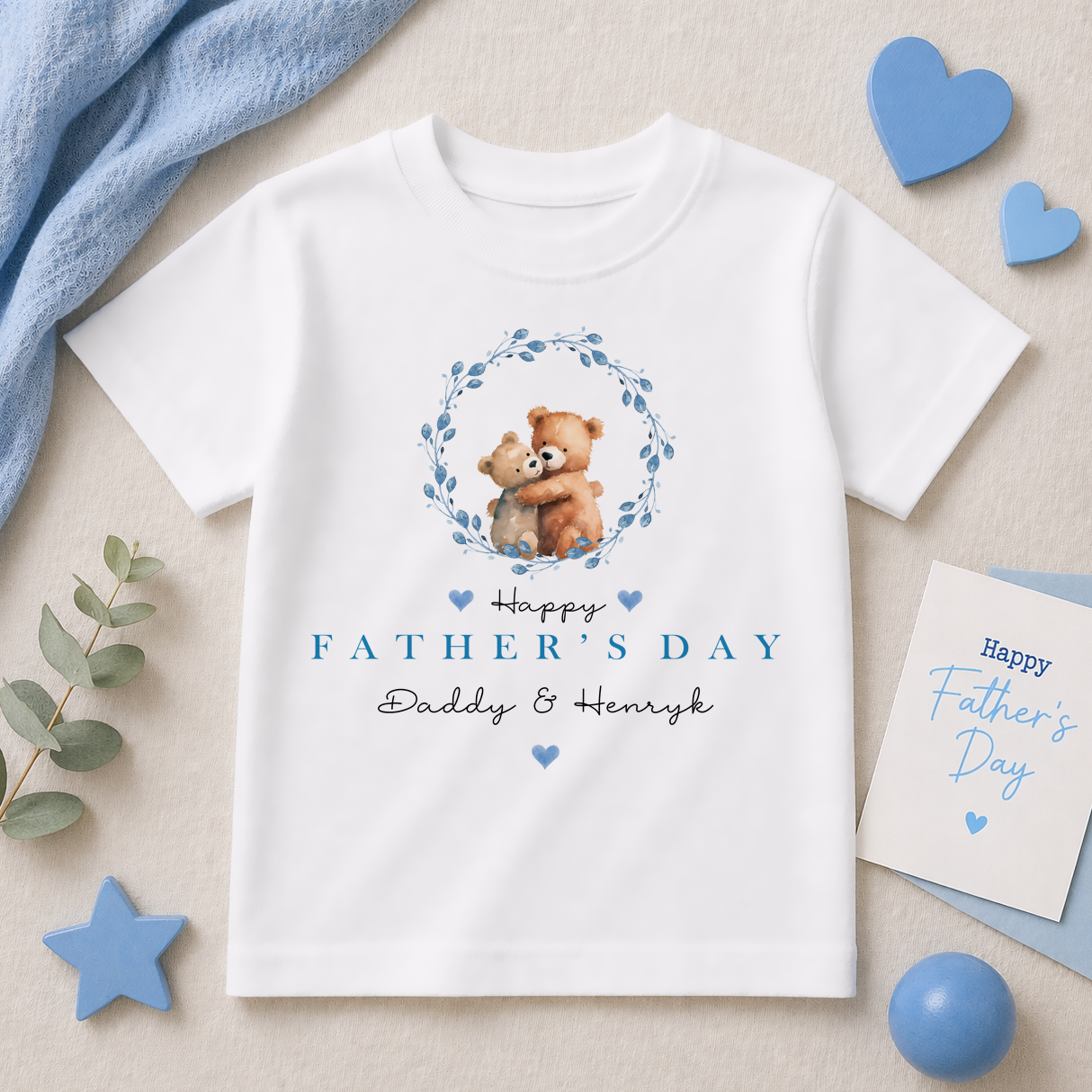 Personalised Father's Day Hugging Bears Blue Wreath T-Shirt for Boys & Kids
