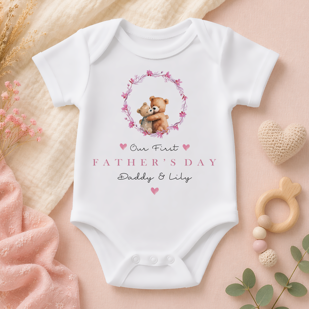 Personalised Father's Day Hugging Bears Pink Floral Wreath Baby Bodysuit
