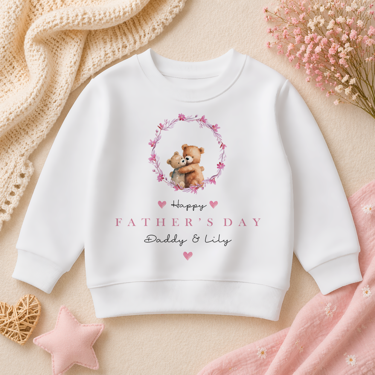 Personalised Father's Day Hugging Bear Pink Floral Wreath Sweatshirt for Girls