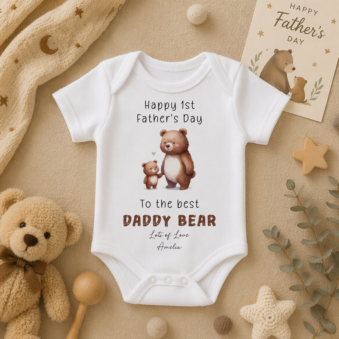 Personalised Name Baby Bodysuit 1st Father's Day Daddy Bear Cub Brown Heart for Newborn Gift