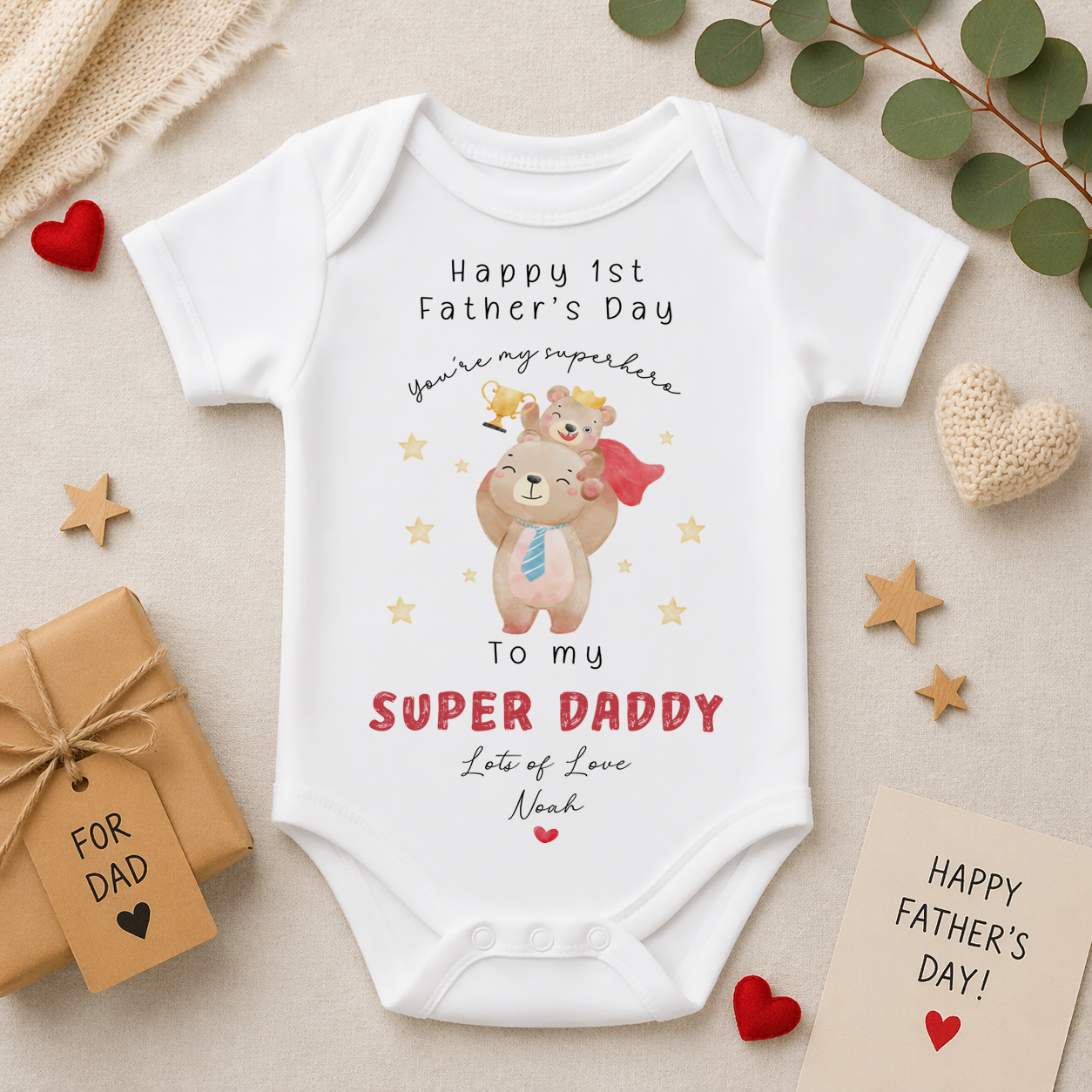 Personalised Name Baby Bodysuit Super Daddy Bear Superhero Gold Stars Red Cape Hearts Script for Newborn Shower Gift