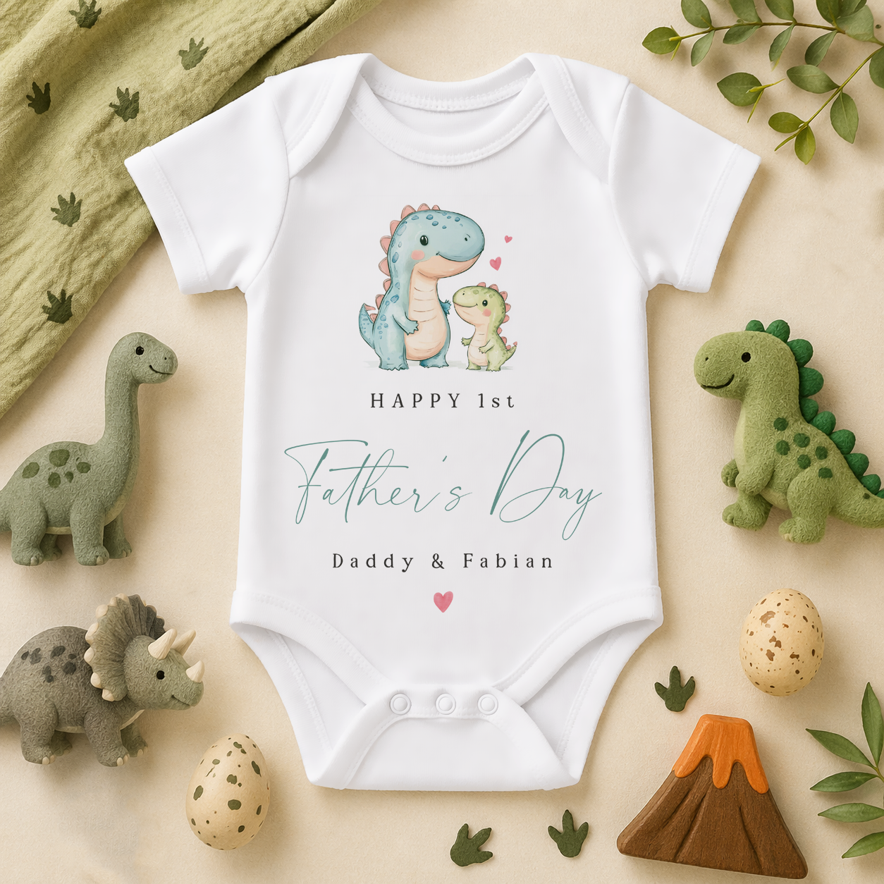 Personalised 1st Father's Day Blue & Green Dinosaur Baby Bodysuit for Kids