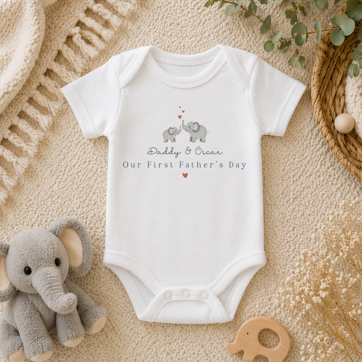 Personalised Name Baby Bodysuit Our First Father's Day Elephant Hearts Script for Newborn Gift