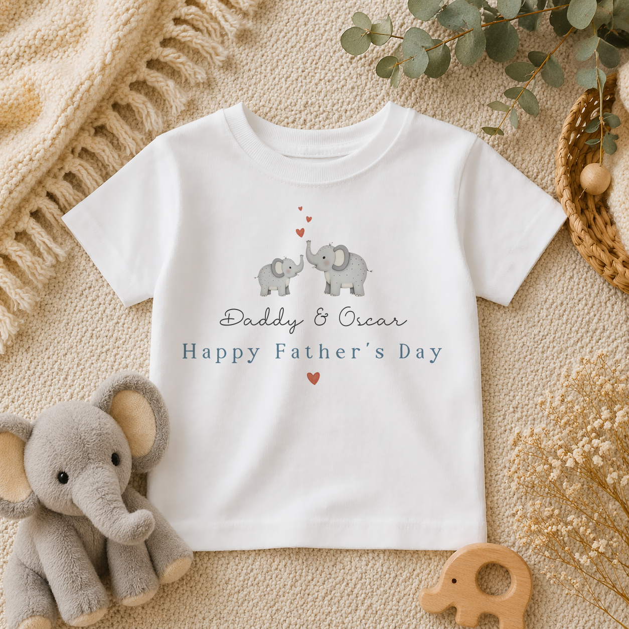 Personalised Father's Day Elephant Family Hearts T-Shirt for Kids