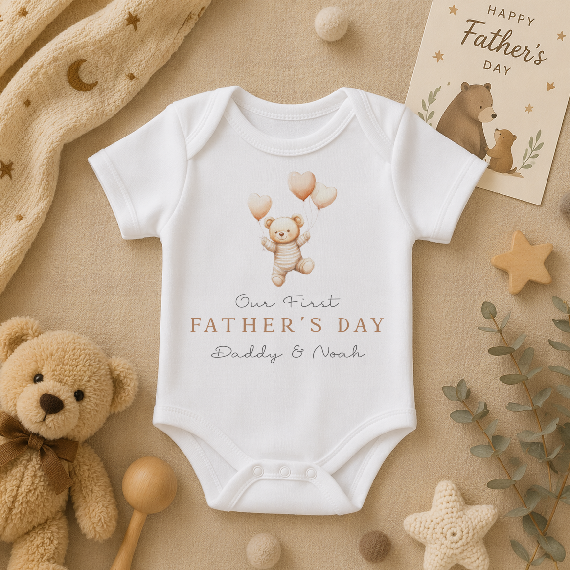 Personalised First Father's Day Teddy Bear & Heart Balloons Baby Bodysuit