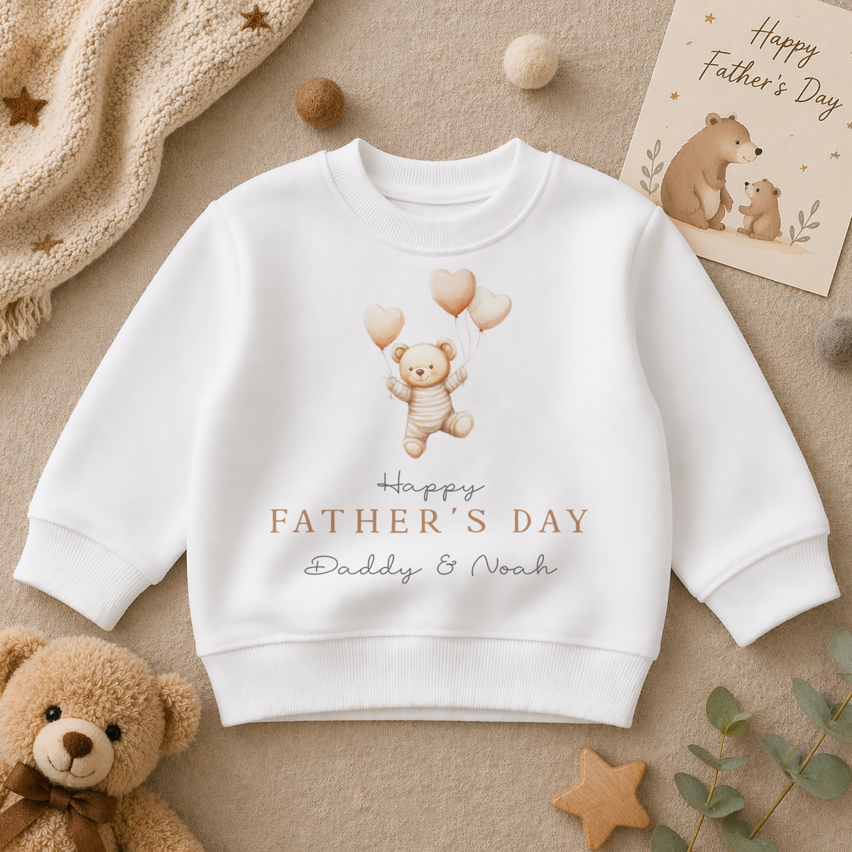 Personalised Father's Day Teddy Bear Peach Heart Sweatshirt for Kids