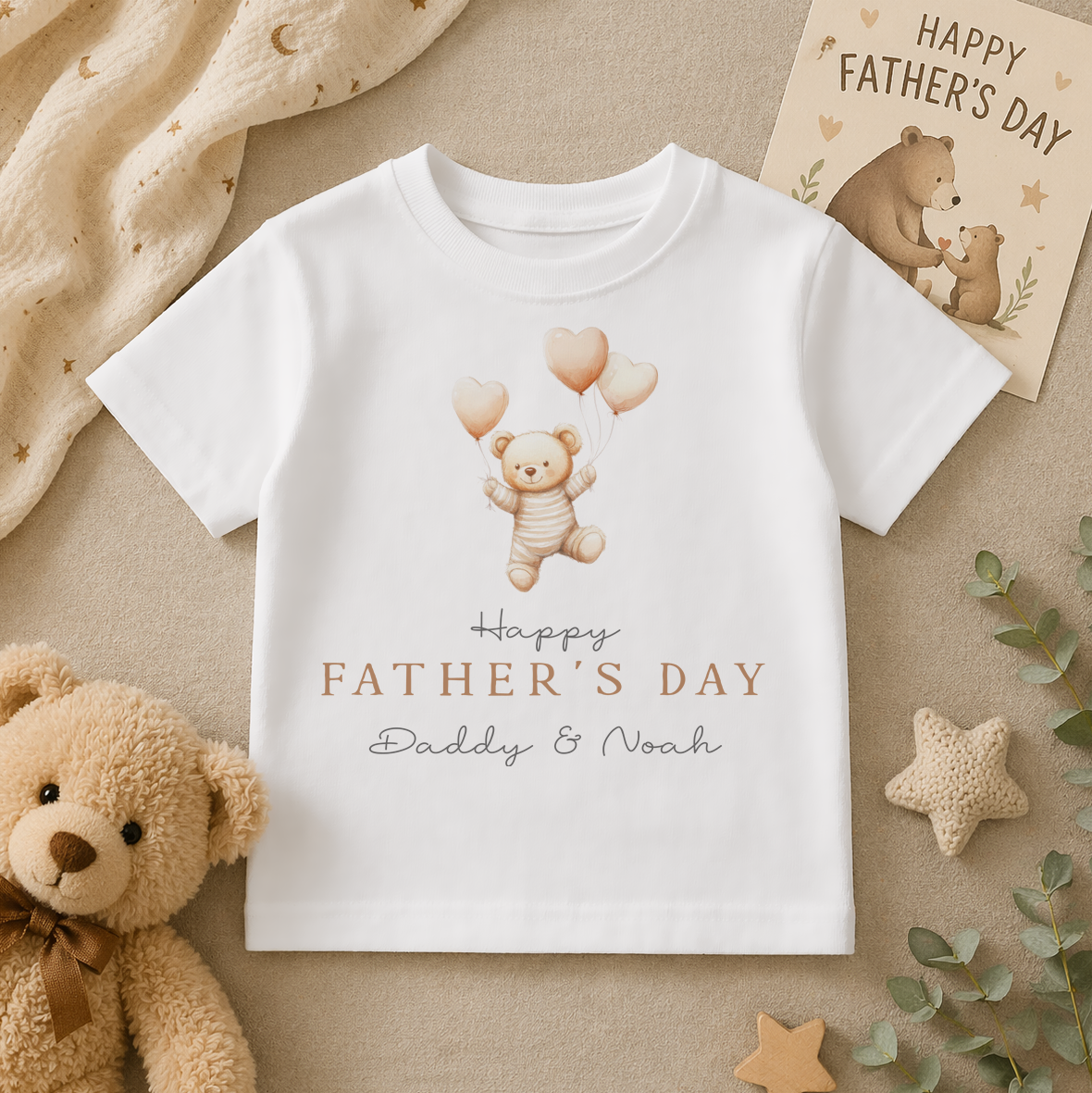 Personalised Father's Day Teddy Bear Peach Heart Balloons T-Shirt for Kids