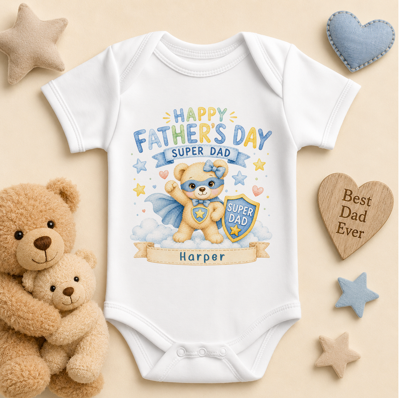 Personalised Father's Day Baby Vest Bodysuit for Girls, Super Dad Bear Superhero