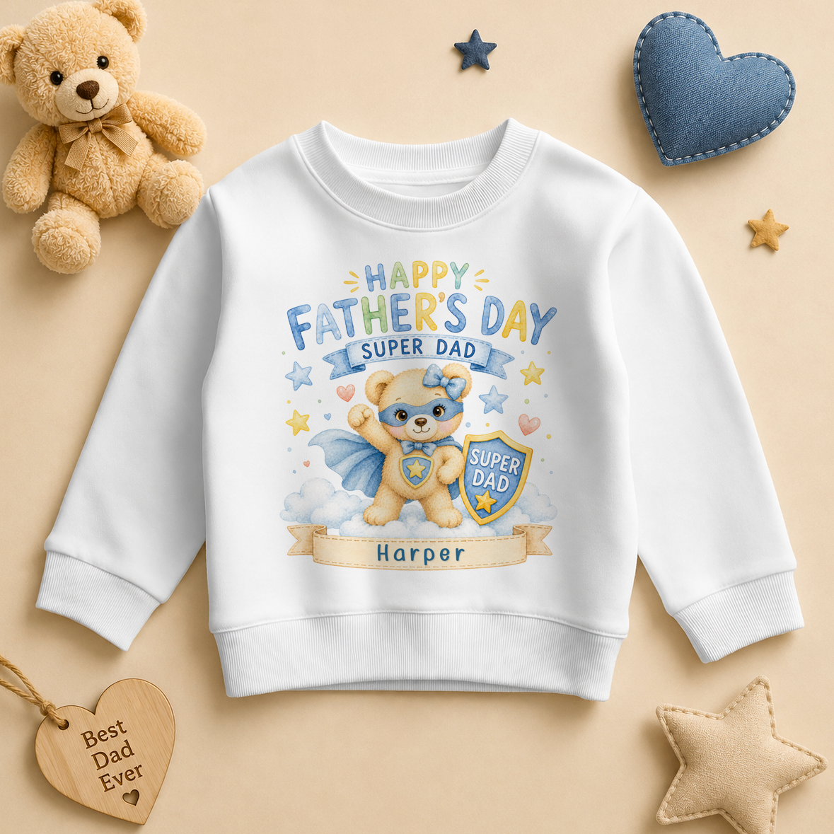 Personalised Father's Day Kids Sweatshirt for Girls, Super Dad Bear Superhero with Shield