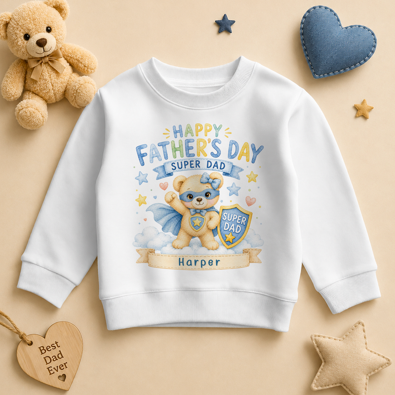 Personalised Father's Day Kids Sweatshirt for Girls, Super Dad Bear Superhero with Shield