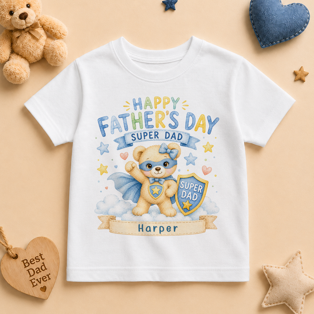 Personalised Father's Day Kids T-Shirt for Girls, Super Dad Bear Superhero with Shield