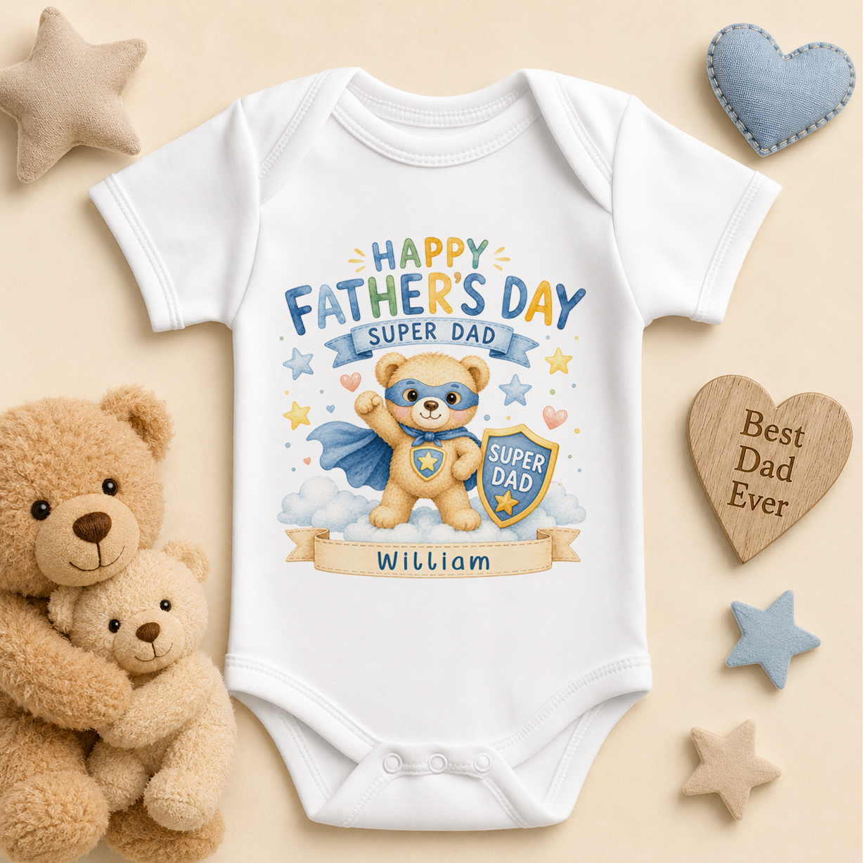 Personalised Father's Day Baby Vest Bodysuit for Boys, Super Dad Bear Superhero