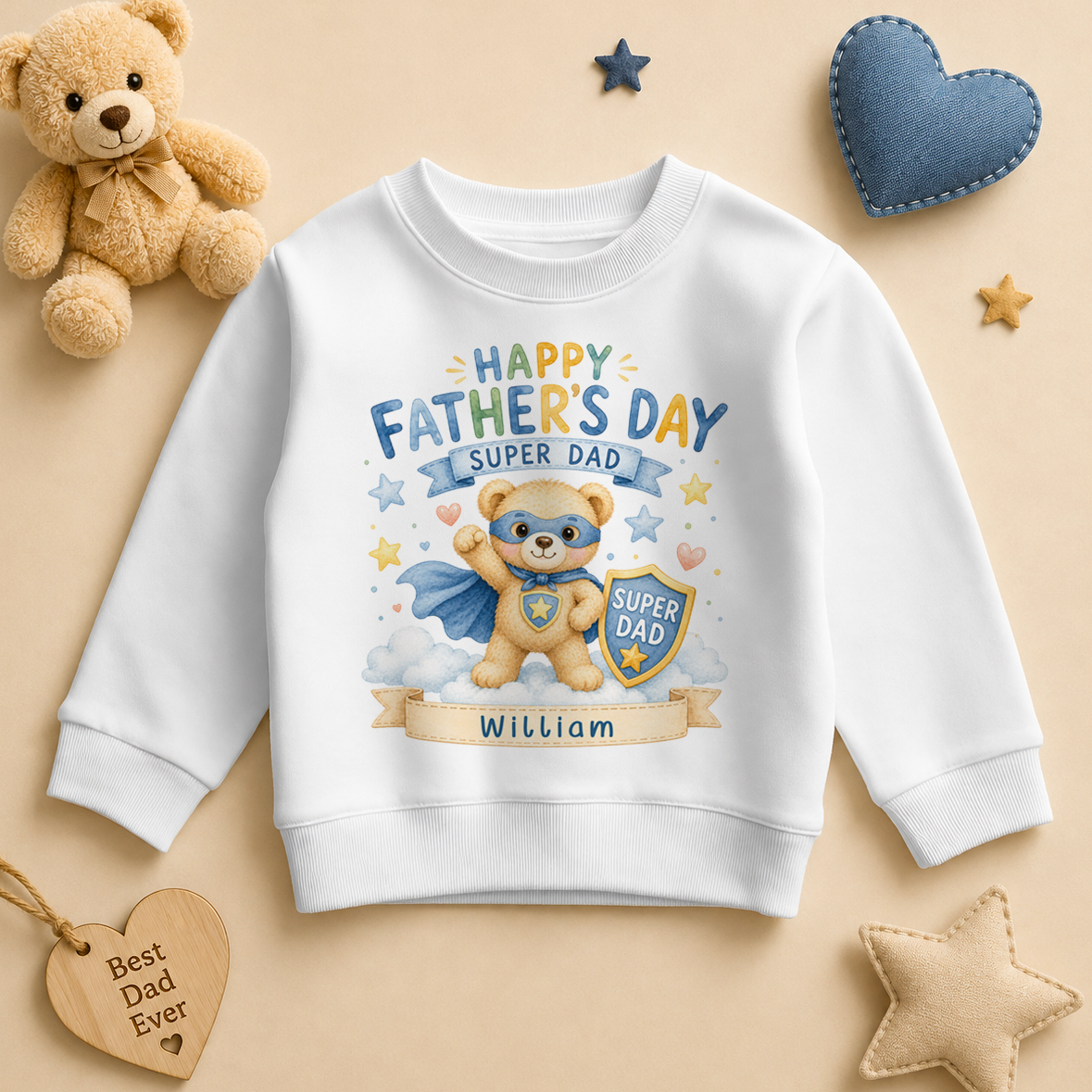 Personalised Father's Day Kids Sweatshirt for Boys, Super Dad Bear Superhero with Shield