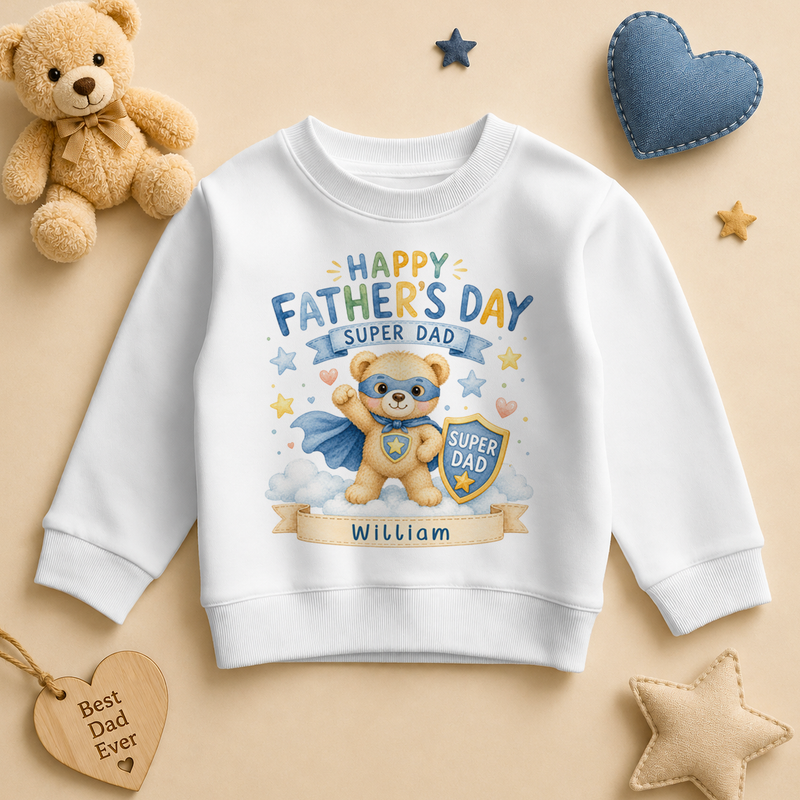 Personalised Father's Day Kids Sweatshirt for Boys, Super Dad Bear Superhero with Shield