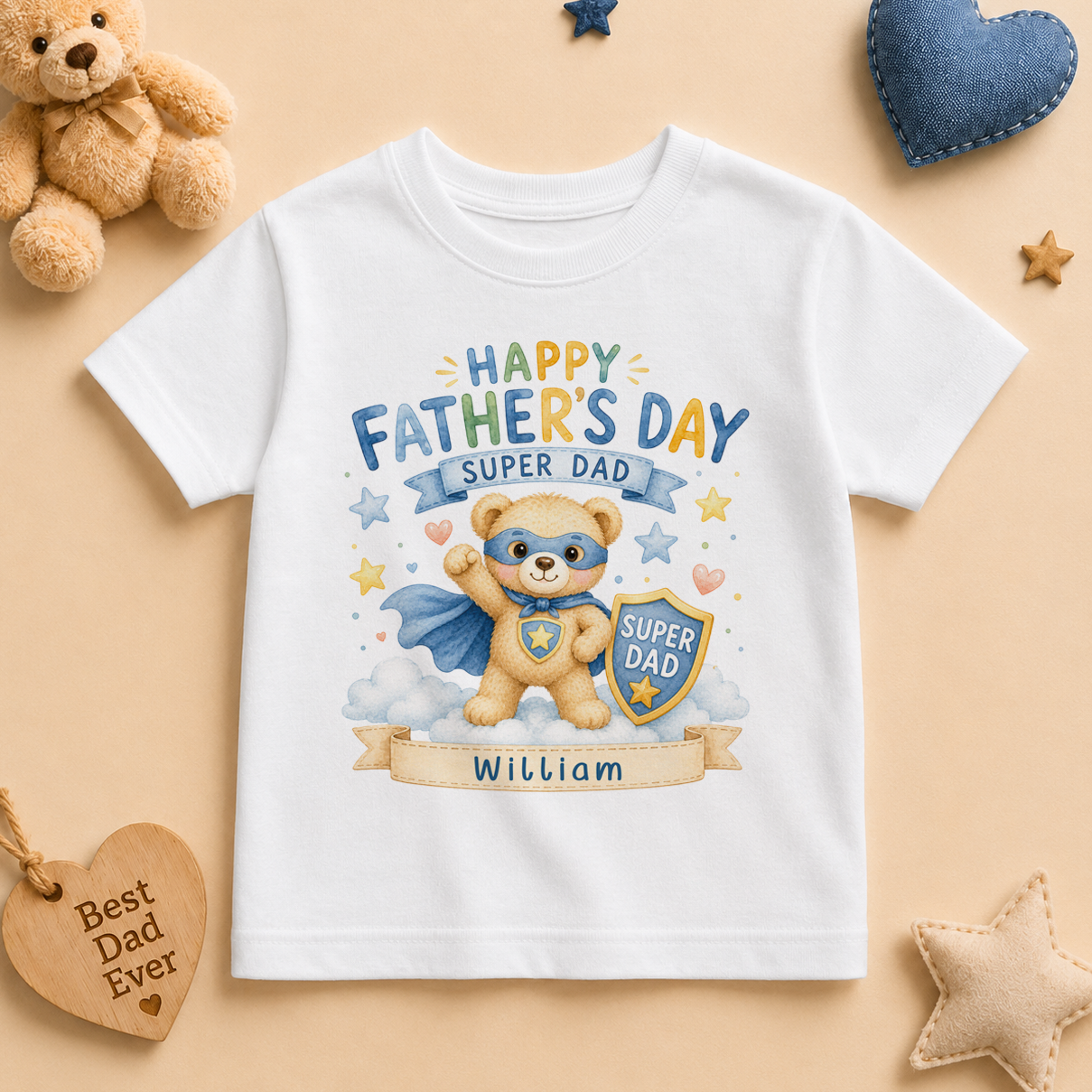 Personalised Father's Day Kids T-Shirt for Boys, Super Dad Bear Superhero with Shield