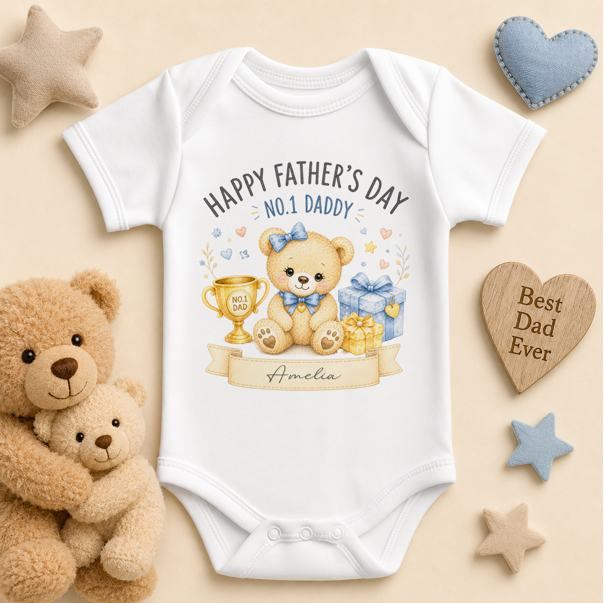 Personalised Father's Day Baby Vest Bodysuit for Girls, No.1 Daddy Bear with Trophy