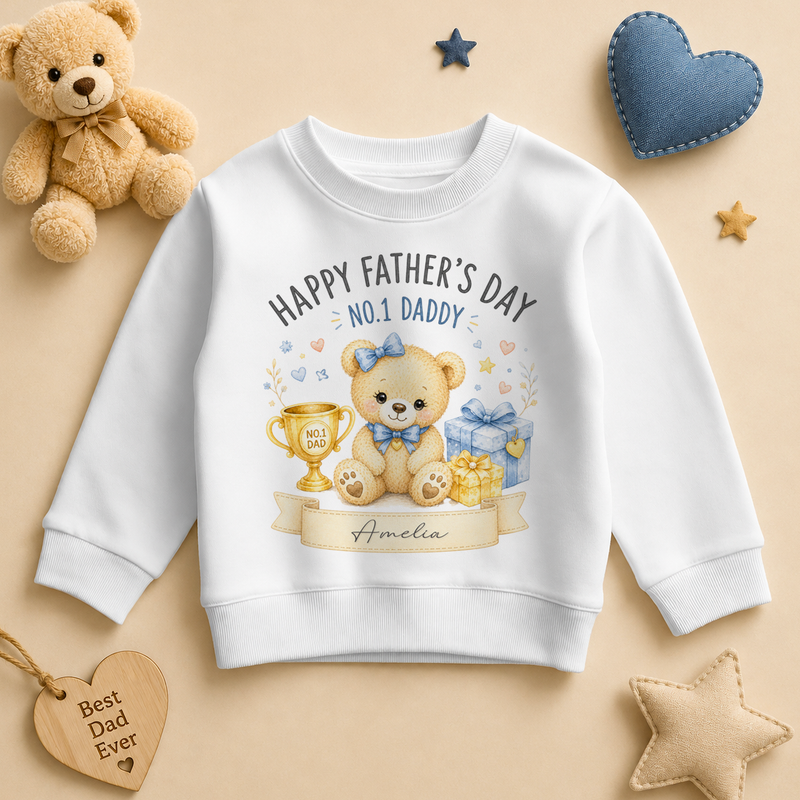 Personalised Father's Day Kids Sweatshirt for Girls, No.1 Daddy Bear with Trophy