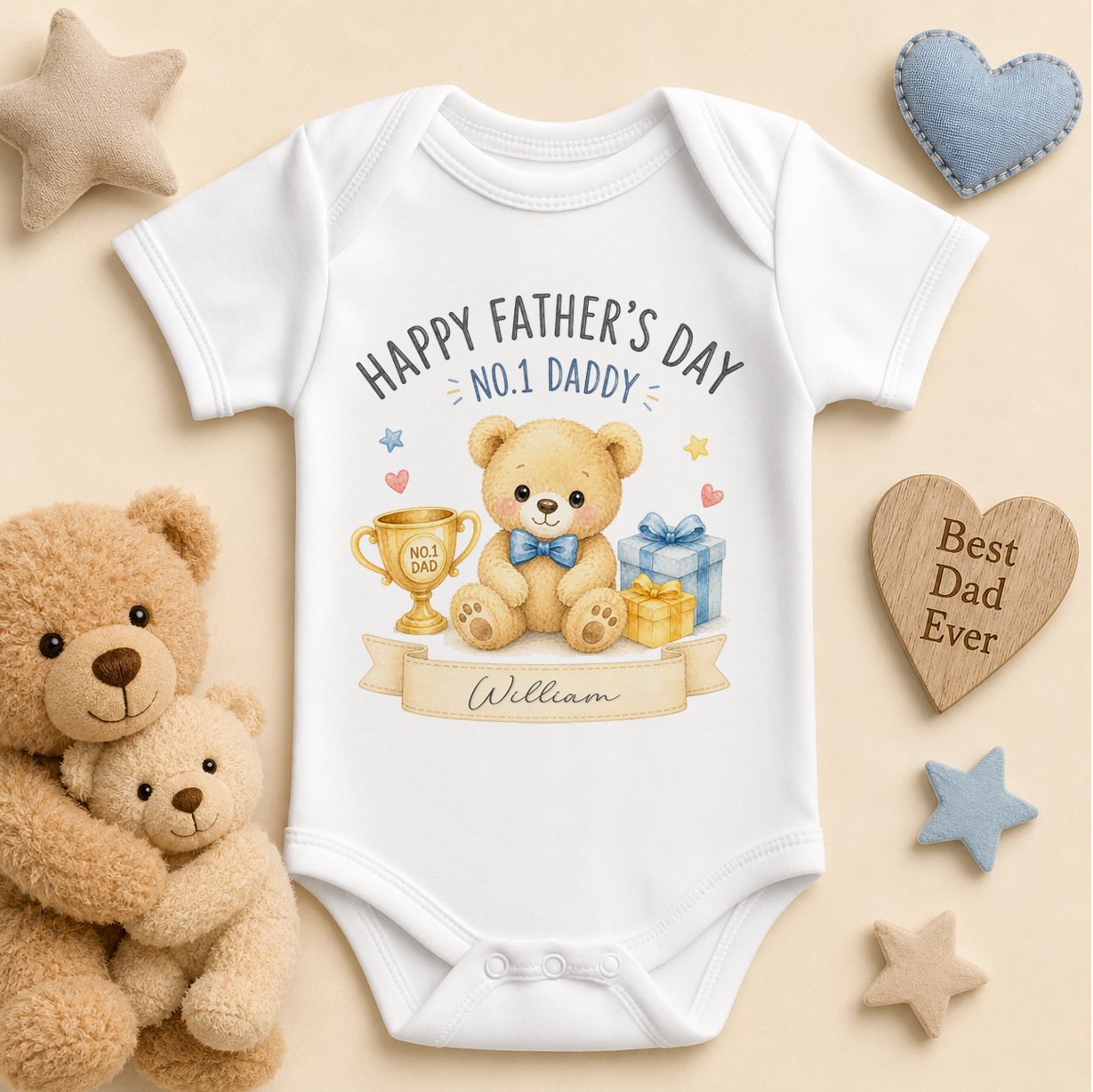 Personalised Father's Day Baby Vest Bodysuit for Boys, No.1 Daddy Bear with Trophy