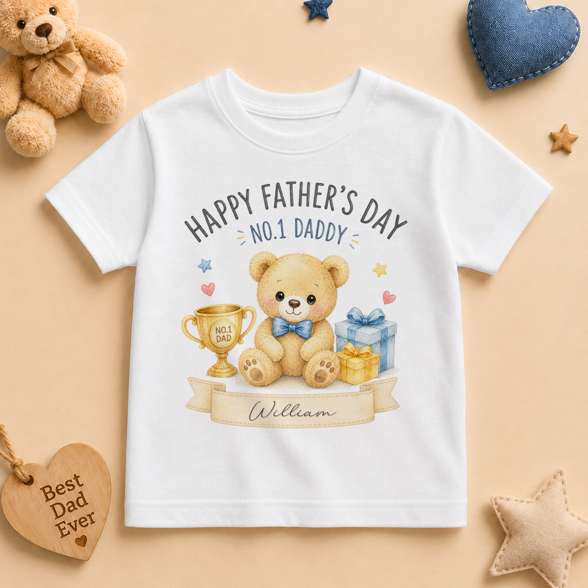 Personalised Father's Day Kids T-Shirt for Boys, No.1 Daddy Bear with Trophy