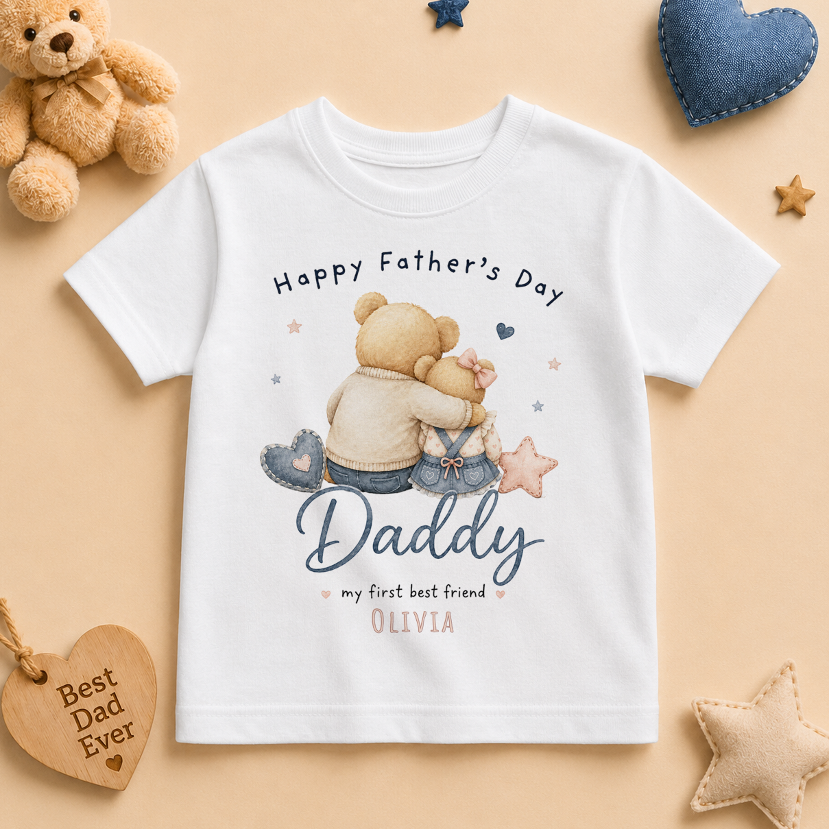 Personalised Father's Day Kids T-Shirt for Girls, Daddy My First Best Friend Two Bears